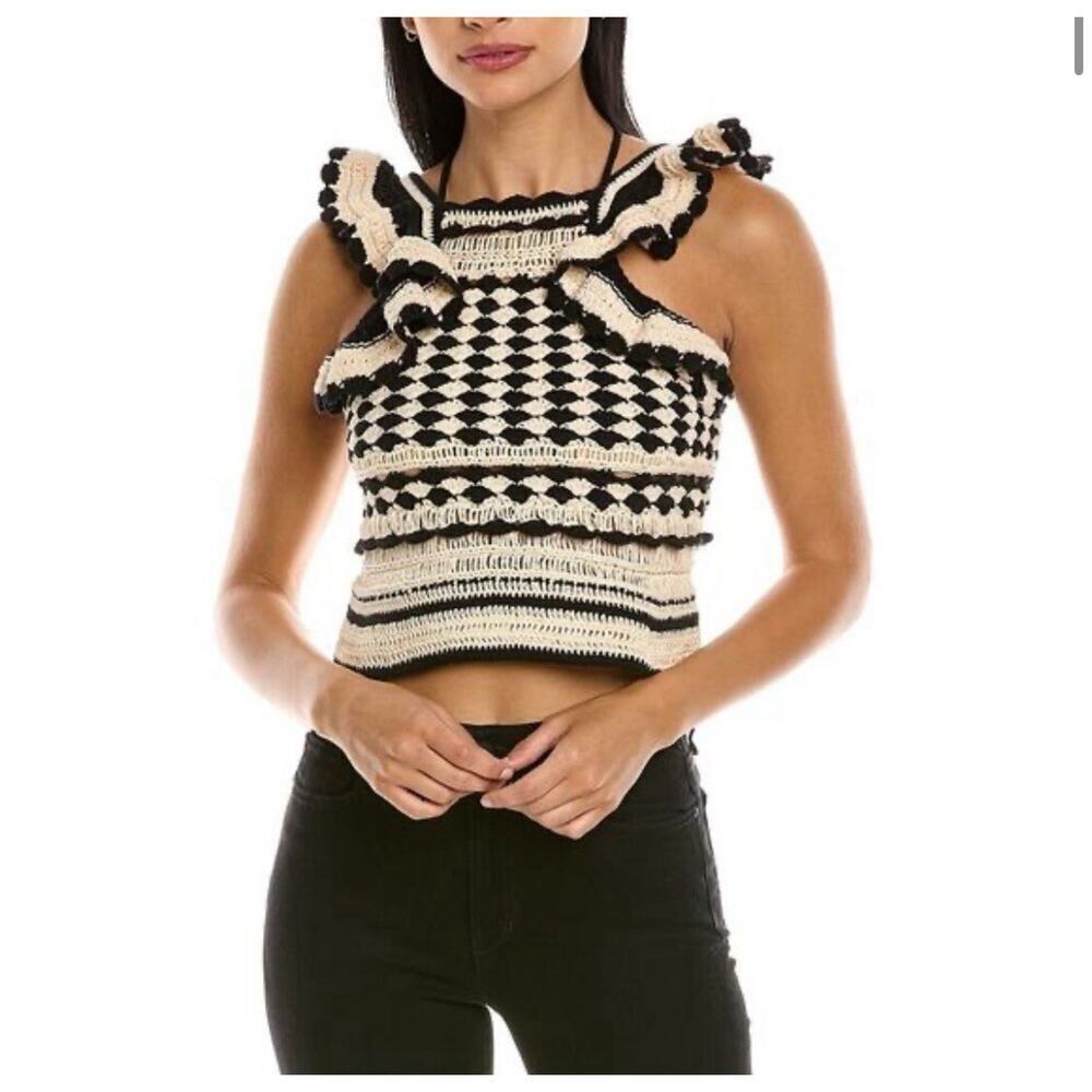 Zimmermann Crochet Crop Tank Top Anneke Halter Striped Shirt Blouse Cotton US 8 - Picture 2 of 10